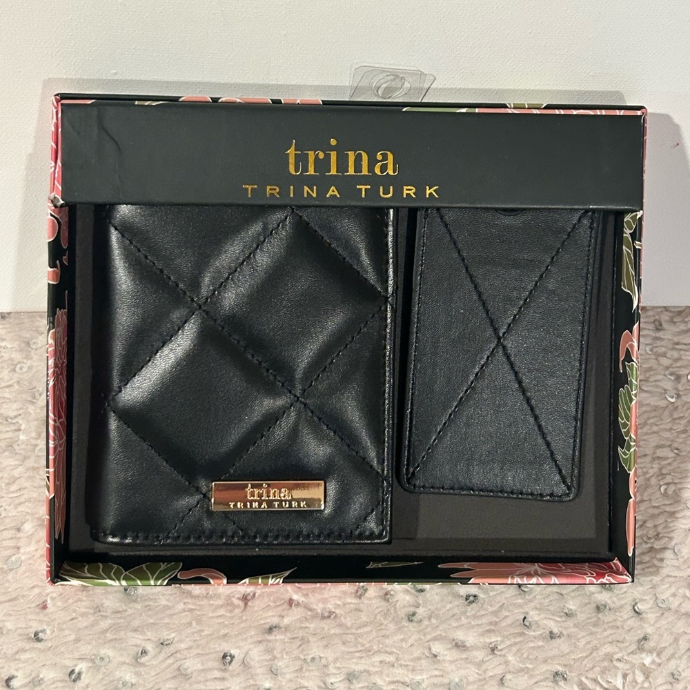 Trina Turk Black Quilted Passport Holder Luggage Tag Set - Picture 5 of 13